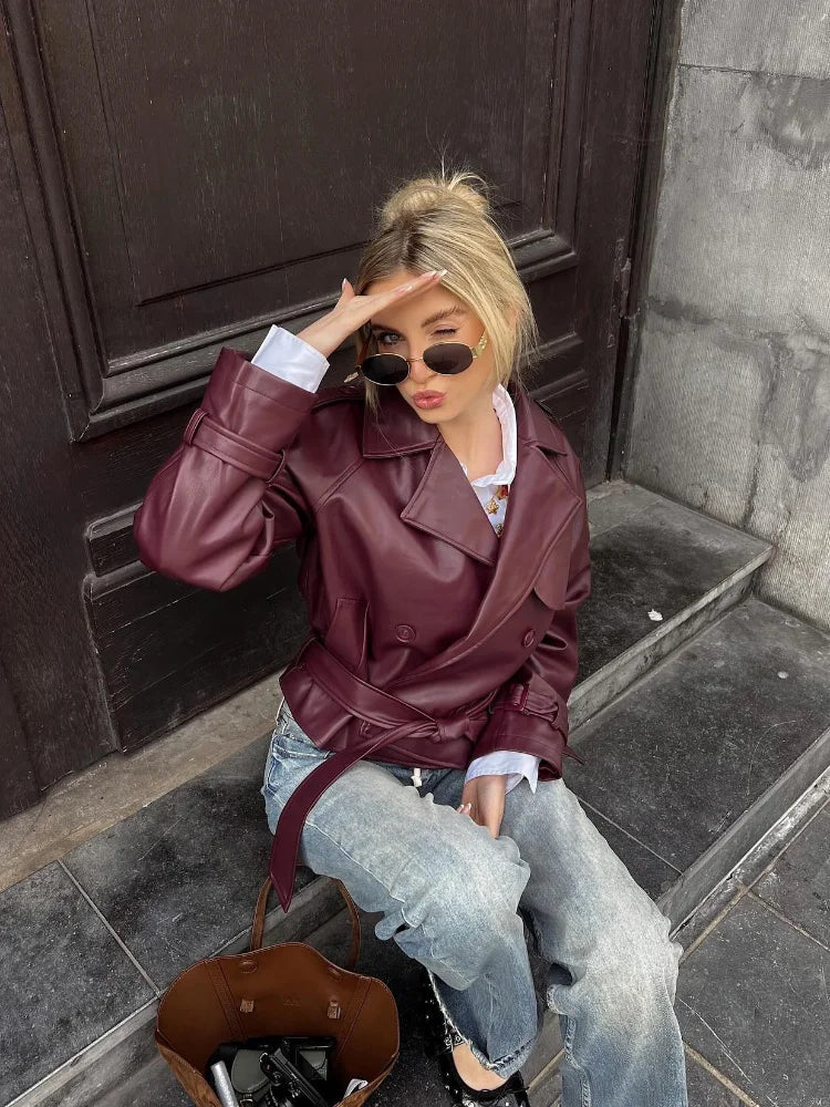Yani - Veste en Cuir Droite Avec Ceinture