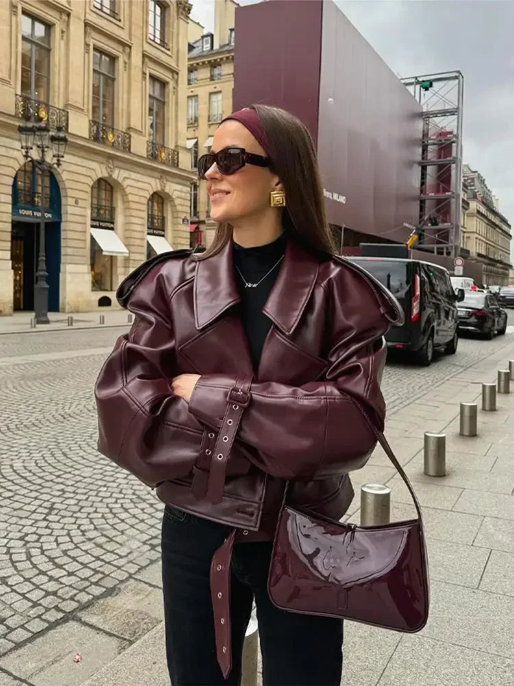 Yani - Veste en Cuir Droite Avec Ceinture