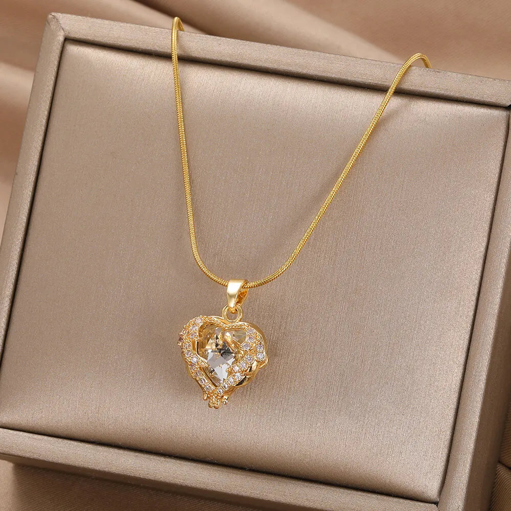 Collier Cœur Cristal plaqué or 18K avec zircon