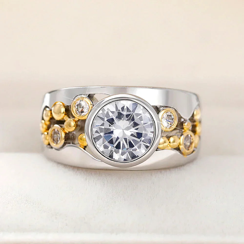 Bague Vintage en Or & Argent avec Pierres de Zirconia