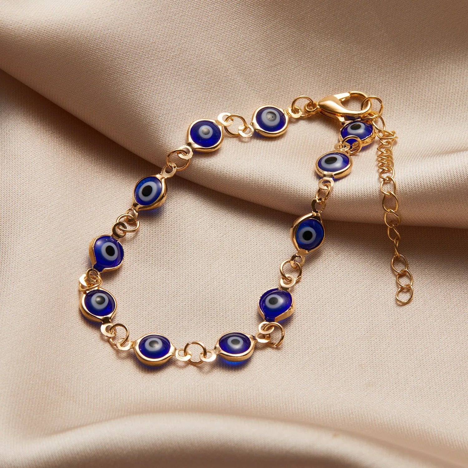 Bracelet Ajustable Œil Bleu Porte-Bonheur plaqué or 18K avec zircon