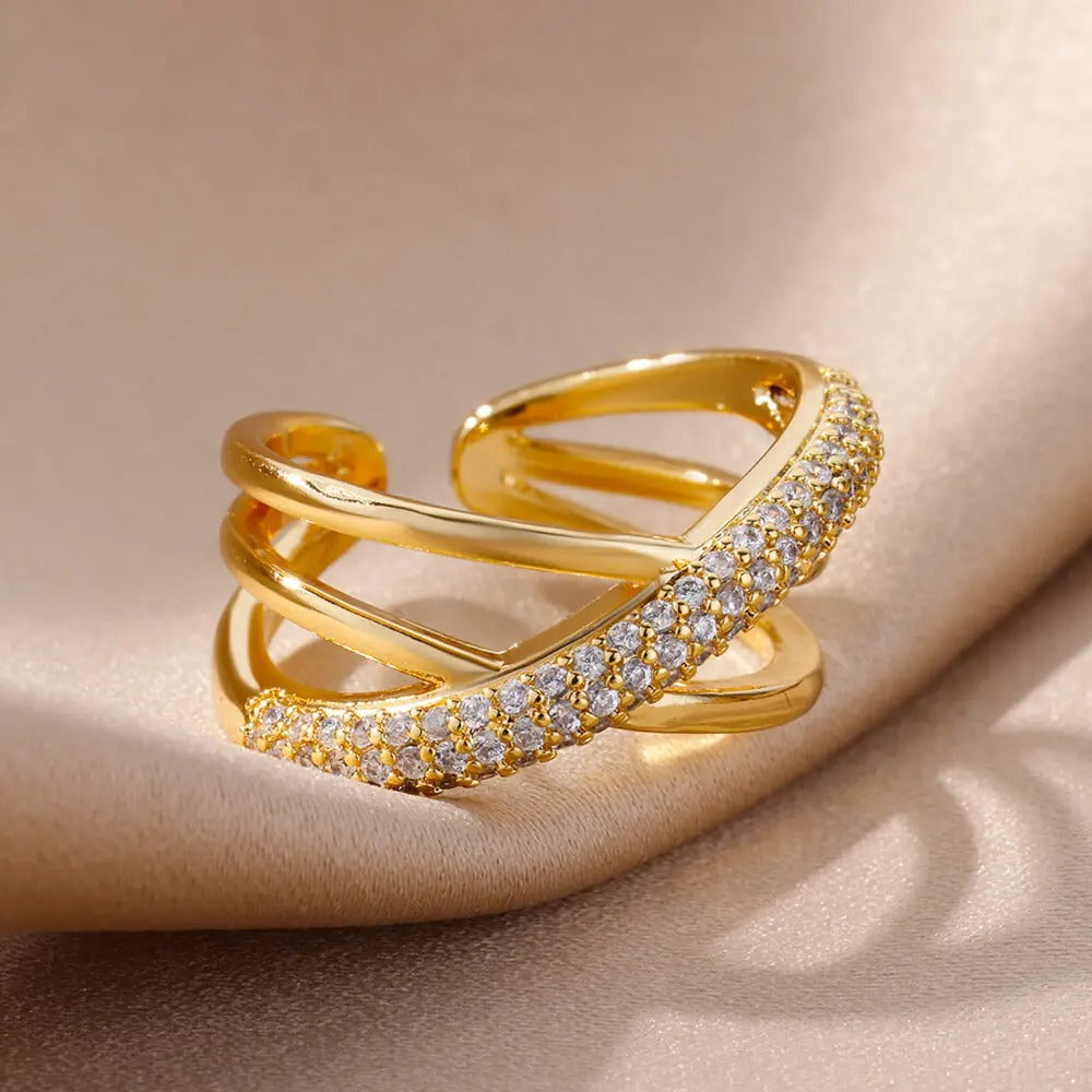 Bague Ajustable Croix Double plaquée or 18K avec zircon