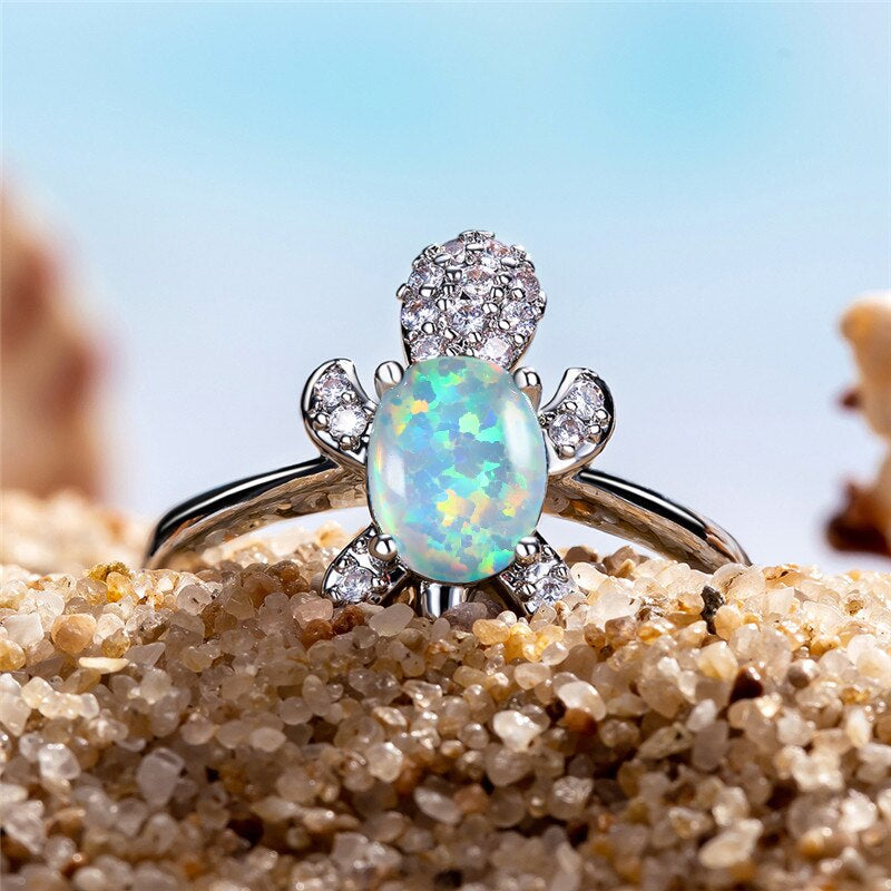 Bague réglable en Argentée et Opale Tortue