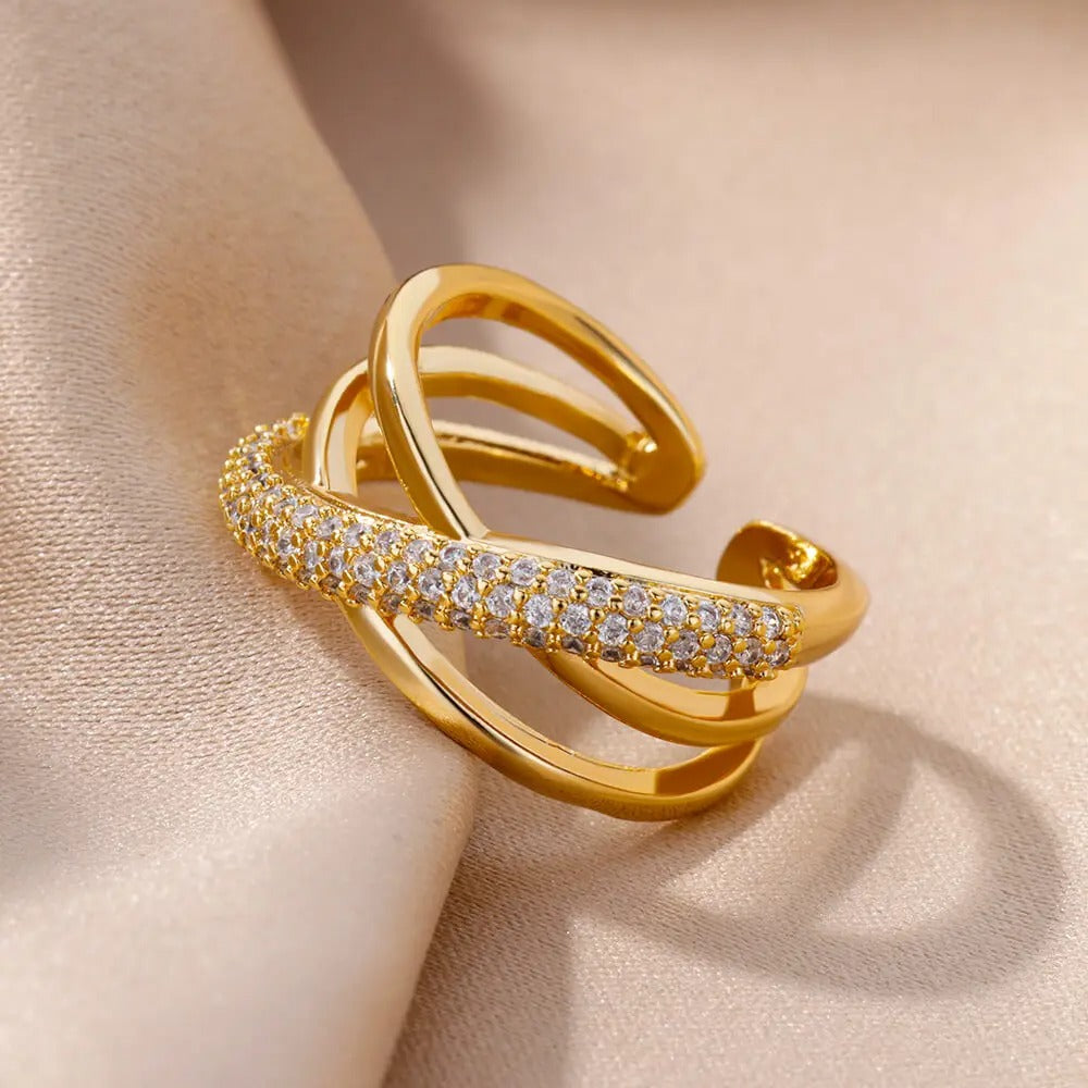 Bague Ajustable Croix Double plaquée or 18K avec zircon