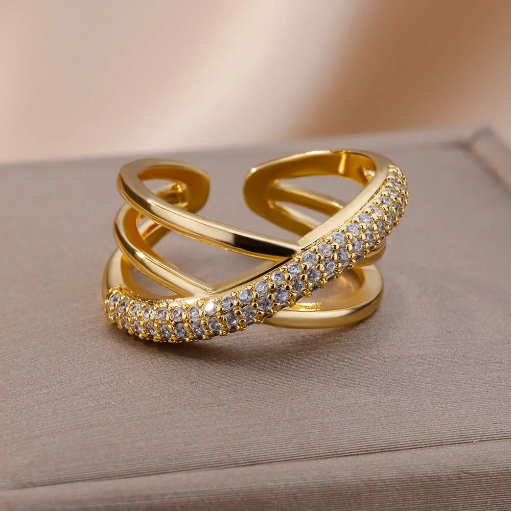 Bague Ajustable Croix Double plaquée or 18K avec zircon