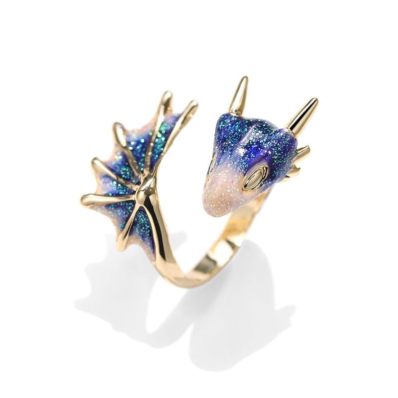 Bague de dragon ajustable en or et émail peint à la main