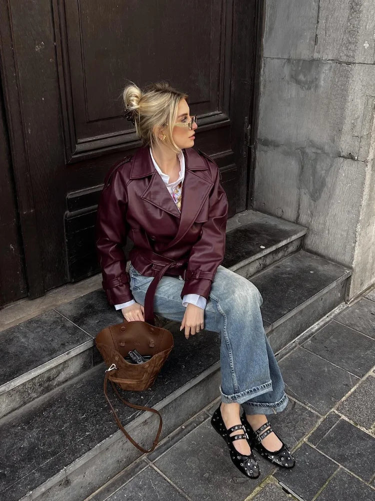 Yani -  Veste en Cuir Droite Avec Ceinture