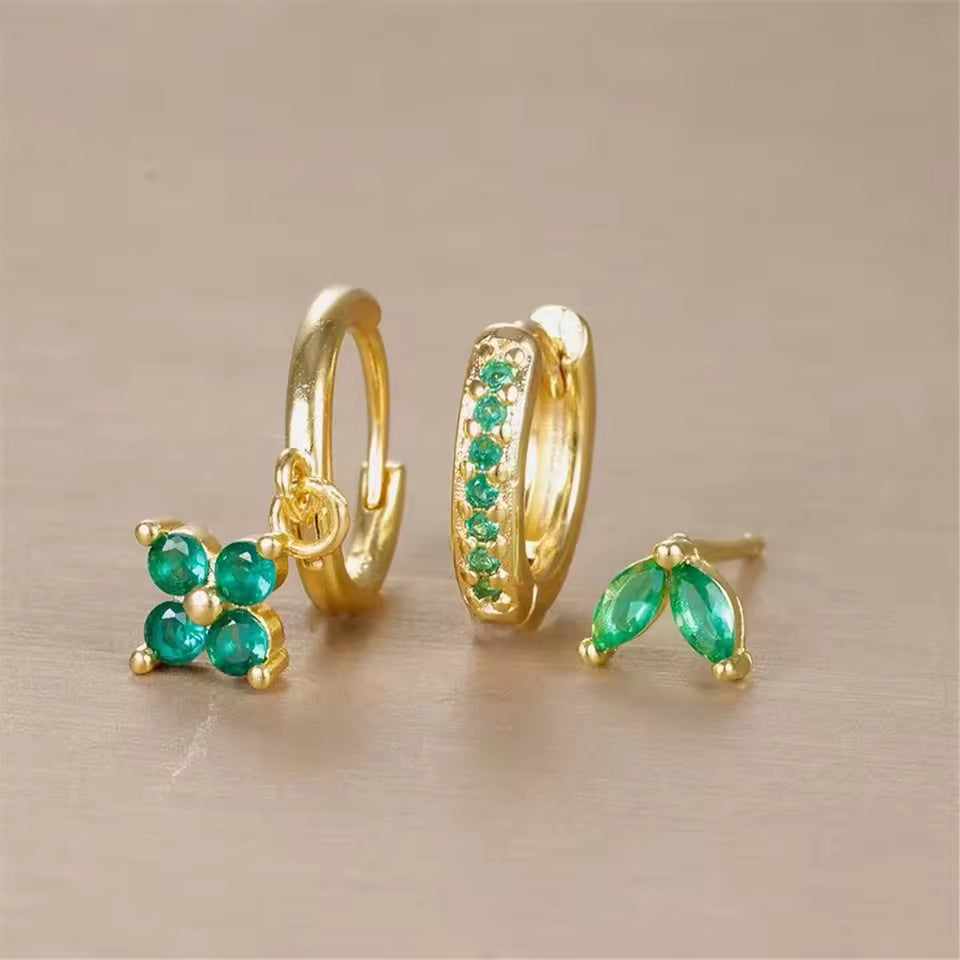 Boucles d’Oreilles Pendantes Fleur Vertes plaquées or 18K avec zircon (Lot de 3)